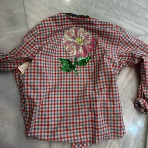 Red and White Plaid Shirt with Floral Embroidery